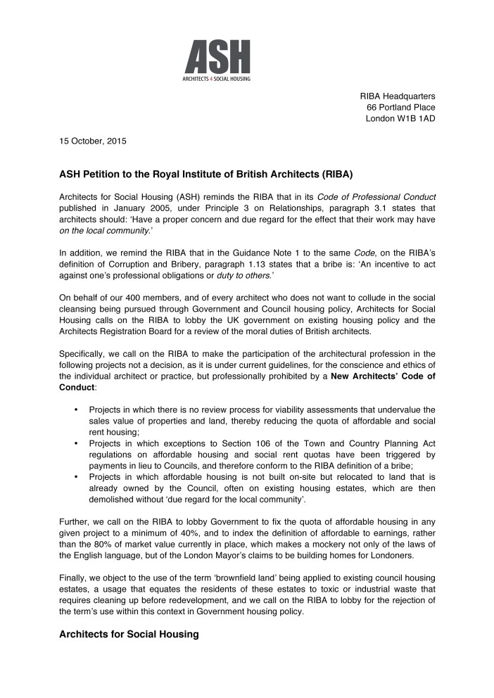 Petition to the RIBA