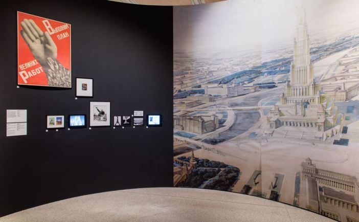 Imagine Moscow, exhibition at the Design Museum, wall print of Boris Iofan, design for the Palace of the Soviets, 1937.